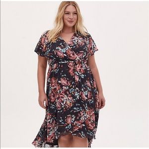 Torrid Swiss Dot Floral Wrap Dress (Dark Gray)